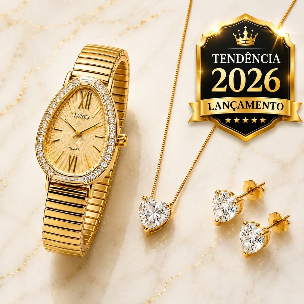 Kit Conjunto Presenteável: Relógio Dourado + Colar e Brincos Folheados - Feminino Luxo Radiante Elegance