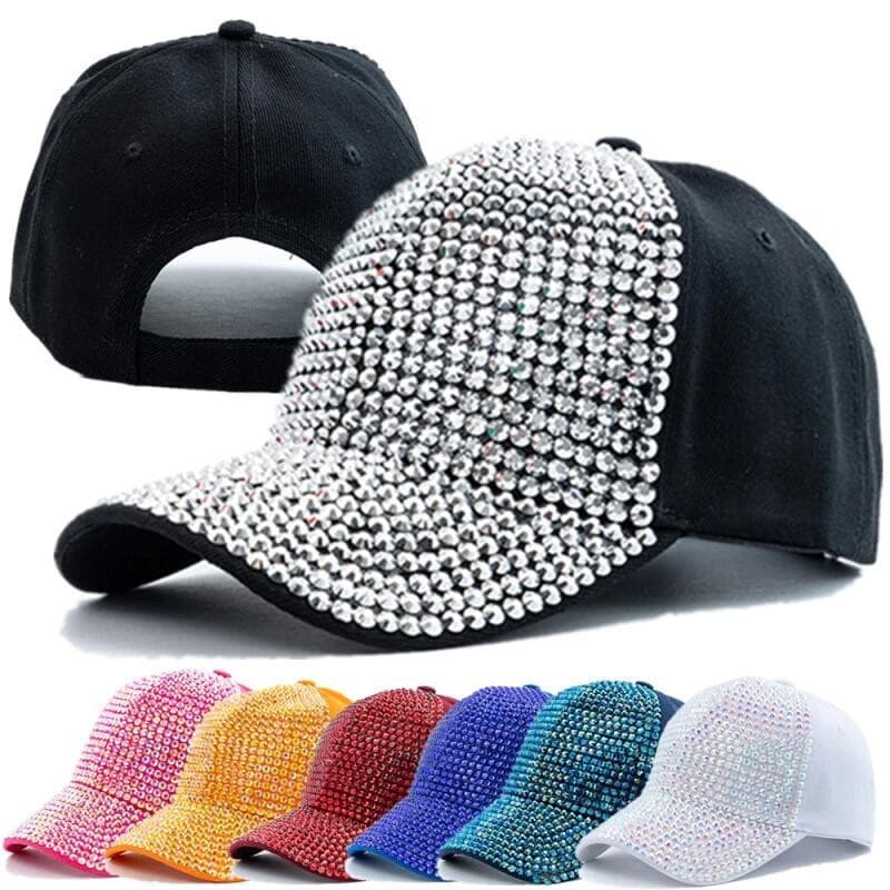 Novo boné feminino simples com detalhes de diamantes, ajustável para moda casual ao ar livre.
