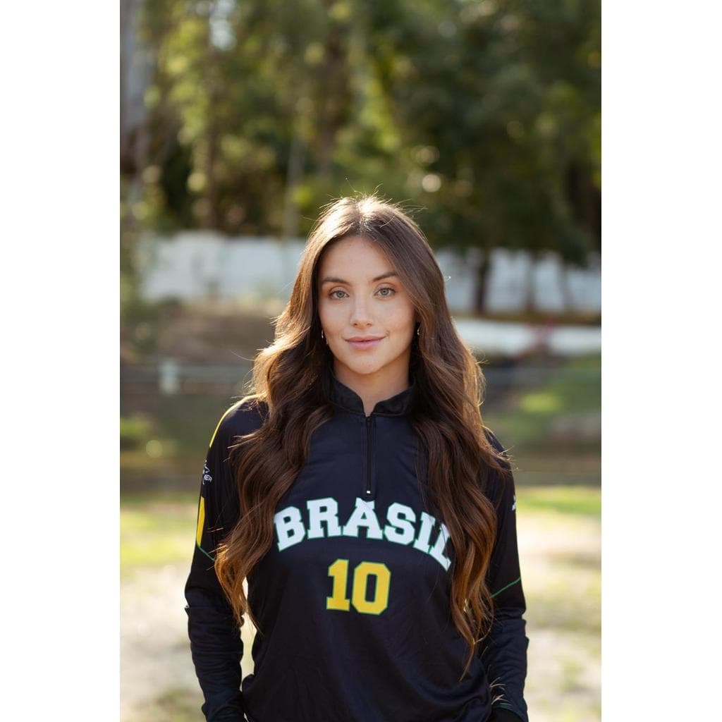 Camiseta Brasil Copa Preta Gola Zíper Proteção Solar UV - New Fisher - N57