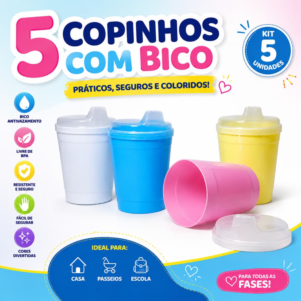 Kit 5 Copinhos 250 ml com Bico Antivazamento Infantil Livre BPA Coloridos para Bebê e Criança Transição