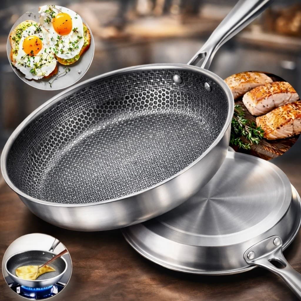 Frigideira Aço Inox Colmeia Antiaderente 26cm Premium Indução Resistente Fundo Triplo Profissional Não Gruda