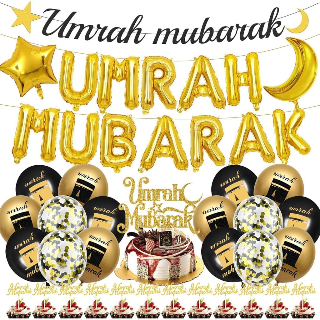 Balões de Decoração para Festa Umrah Mubarak - 44 Peças em Preto e Dourado, Banners Hajj Mubarak Ramadan Eid, Balões Met