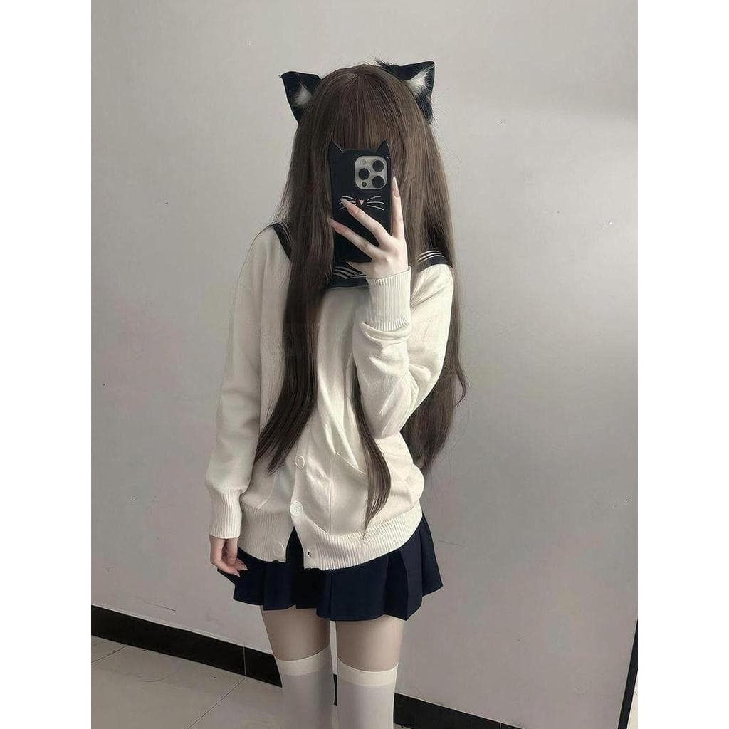 JK uniforme malhas estilo Preppy branco Cardigan camisola gola ciano terno de marinheiro feminino escola terno de quatro