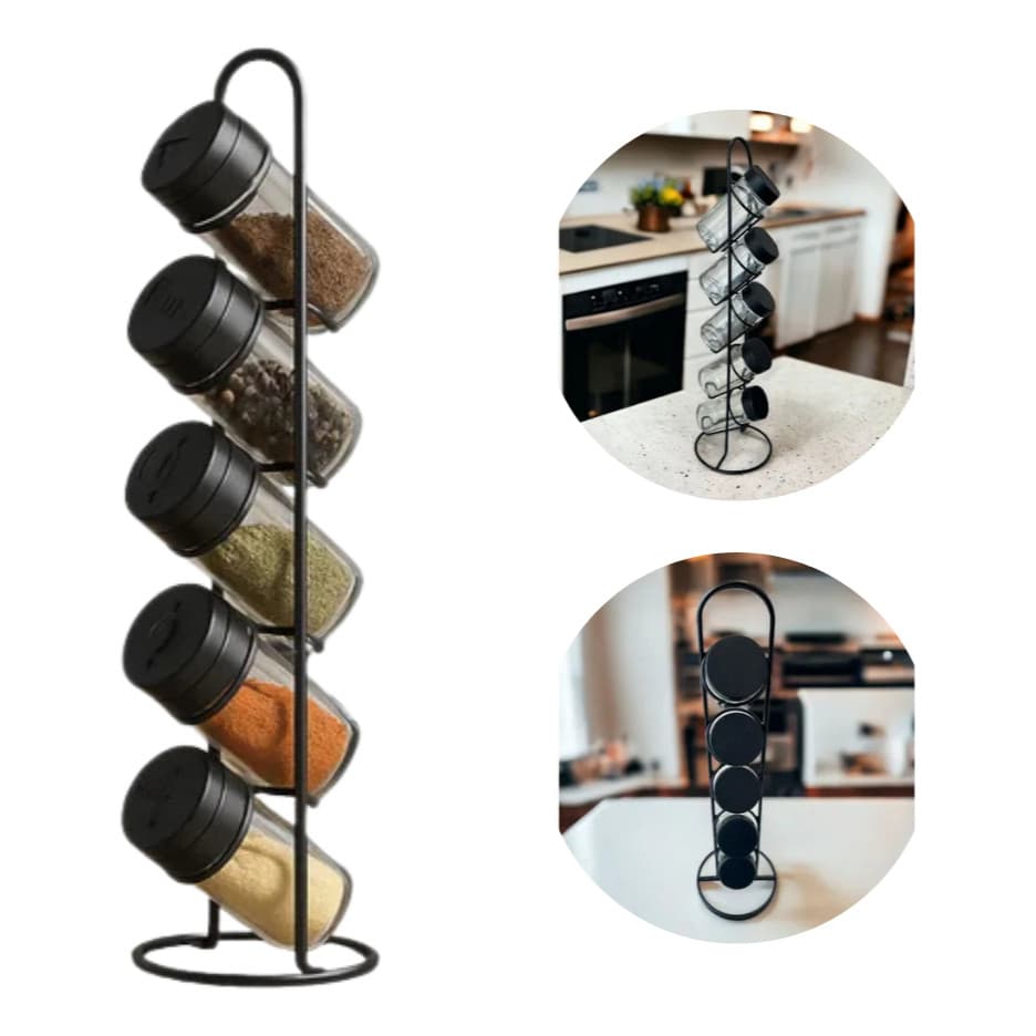 Porta Temperos Vertical Com 5 Potes De Vidro Condimentos Cozinha Tempero Lançamento