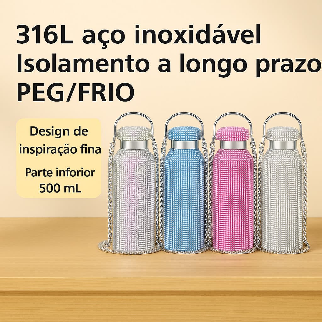 Garrafa Térmica 500ml de Aço Inoxidável com Strass Brilhante e Corrente – Design Luxuoso, Elegante e Portátil