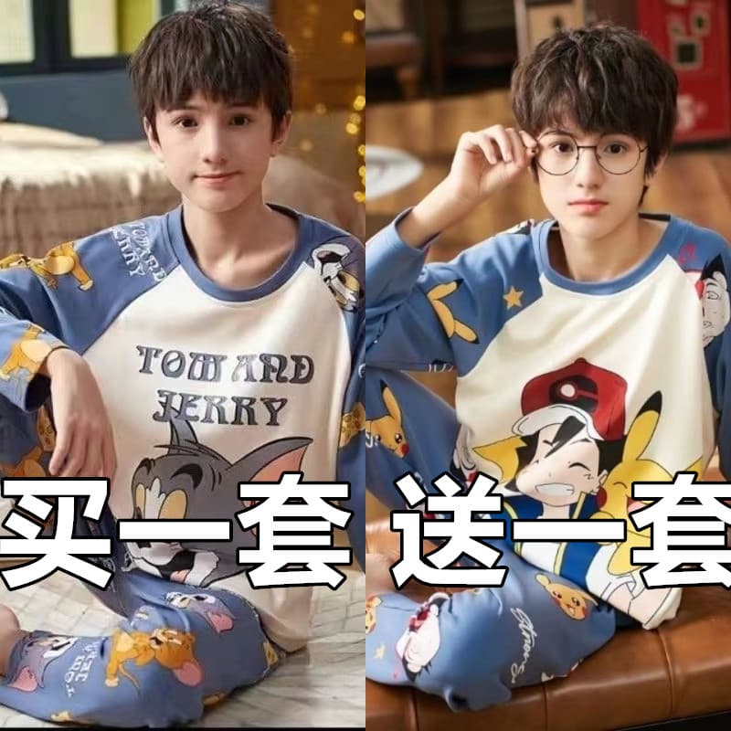 Pijamas para meninos primavera outono manga comprida algodão puro estilo fino crianças menino astronauta grandes roupas