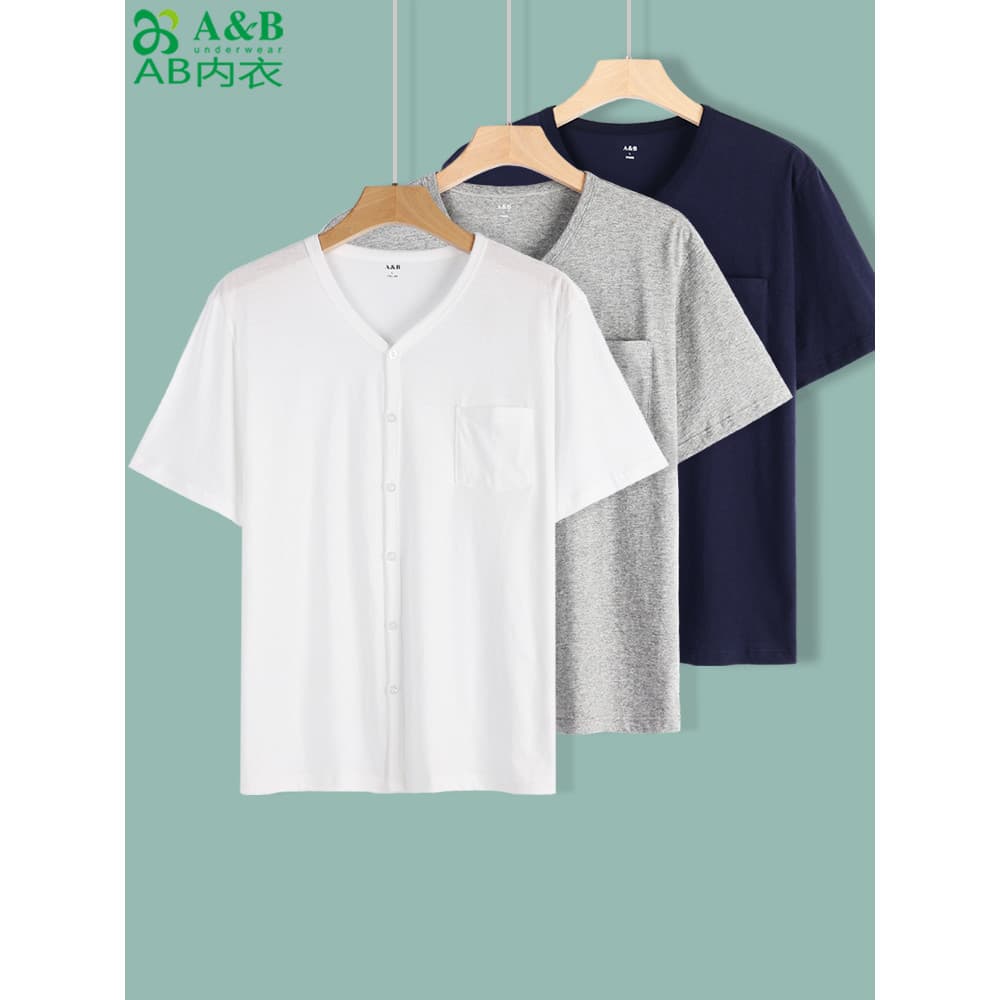 A & B puro algodão de manga curta Cardigan masculino com decote em V moletom velho camiseta roupa interior verão fino Ca