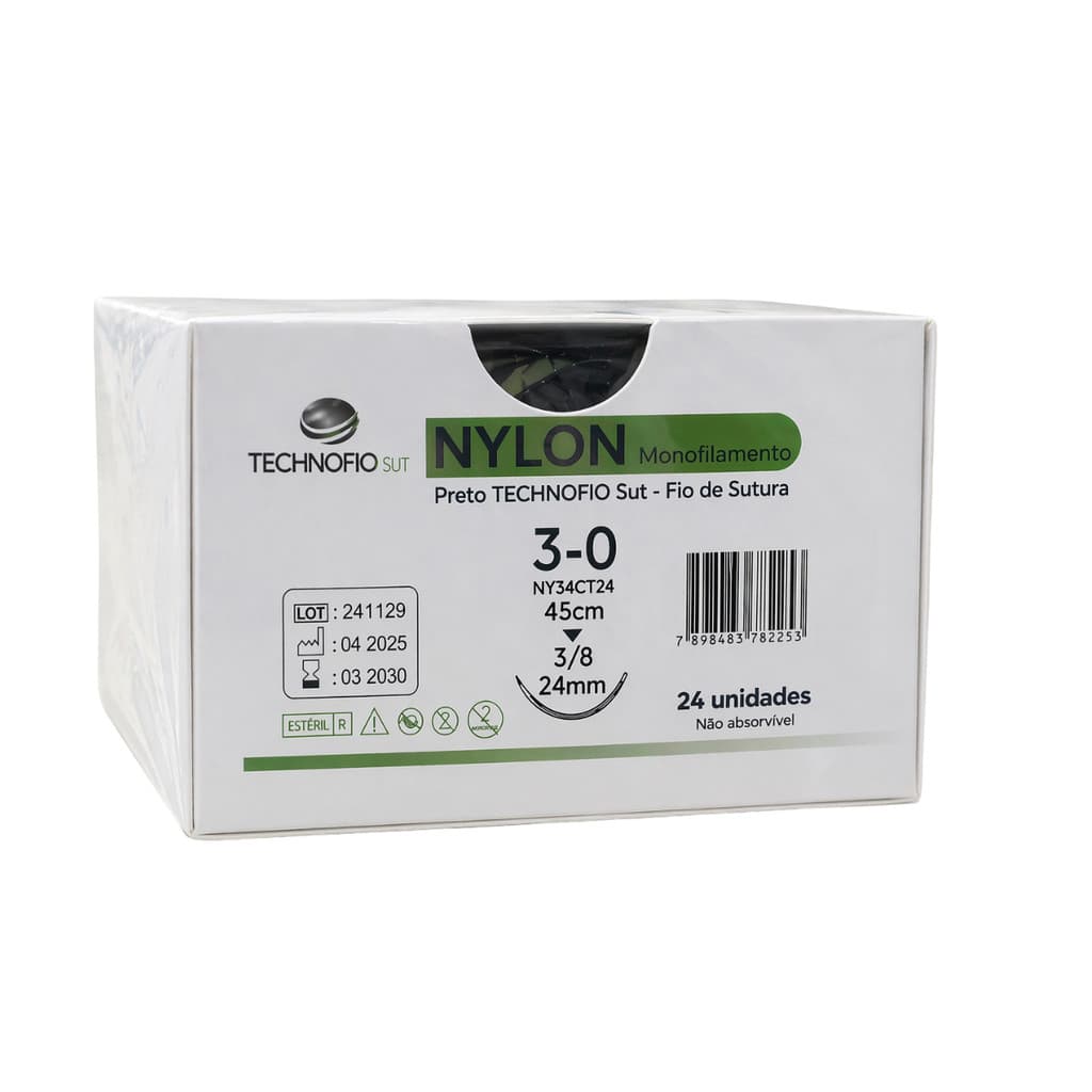 Fio de Sutura Nylon 3-0 45cm 3/8 24mm Não Absorvível Estéril Uso Hospitalar Veterinário Odontológico