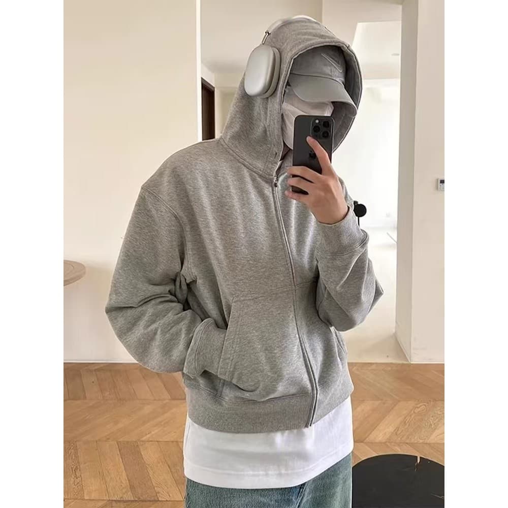 Primavera outono cleanfit cinza com capuz Cardigan zíper moletom masculino feminino Retro Casual boxy curto solto jaquet