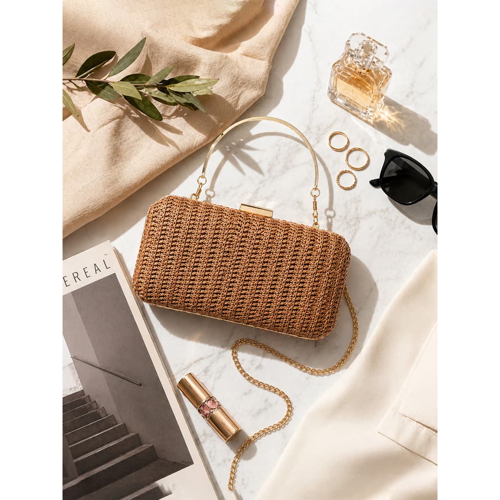 Bolsa De Mão Clutch Estruturada Textura Palha Boho Chic Com Alça Metálica Verão