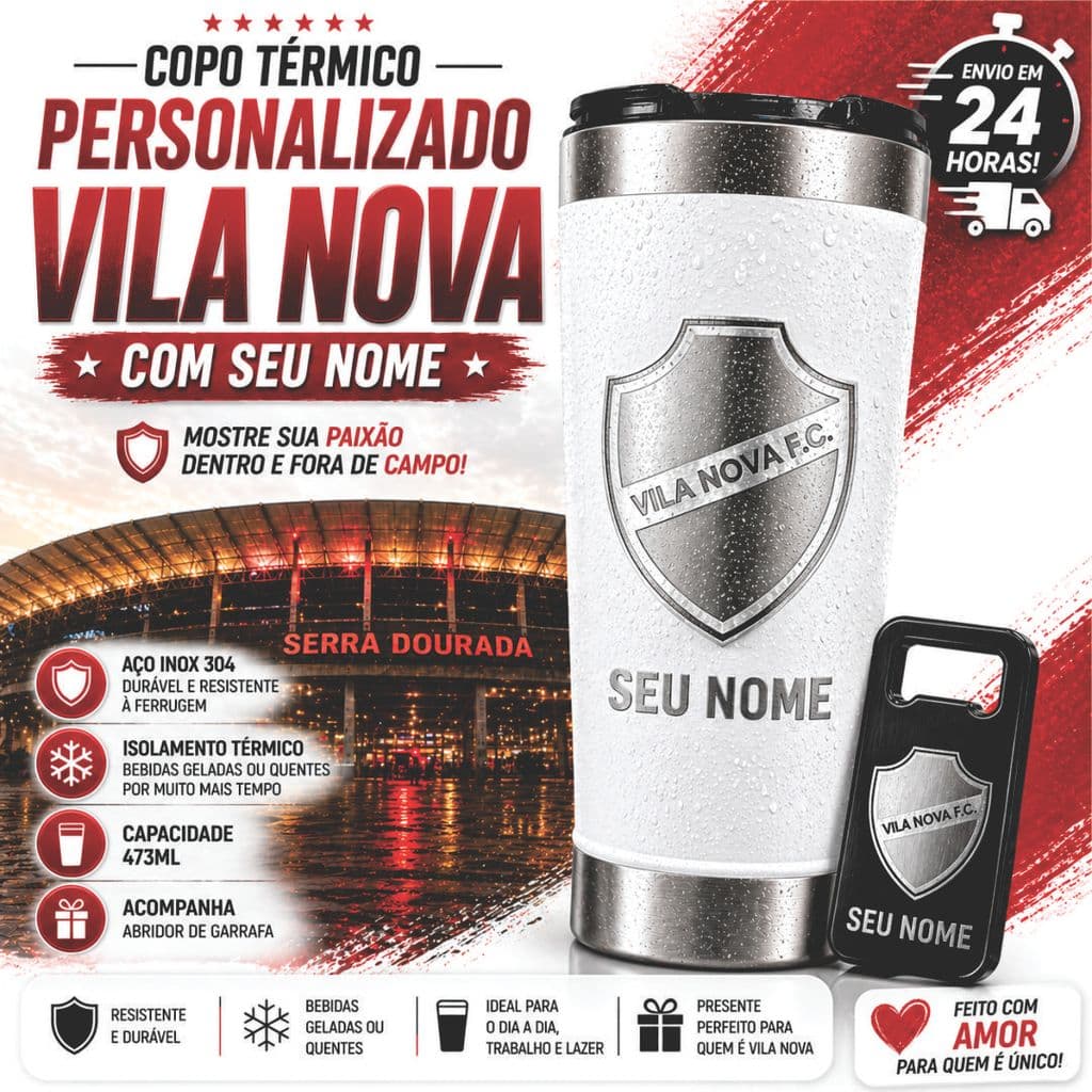 Copo Térmico Branco Vila Nova Personalizado Inox 473ml com Nome Tampa Abridor Laser Presente Tigrão