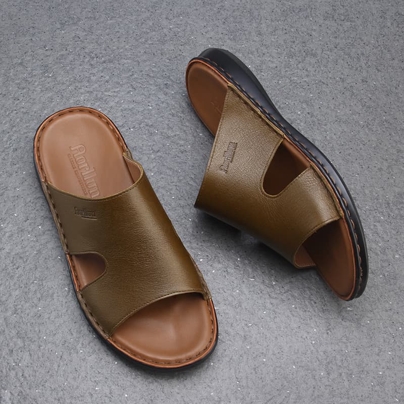 Chinelos de couro masculinos feitos à mão puro verão exterior Wear antiderrapante simples Flip-Flops couro macio sola ma