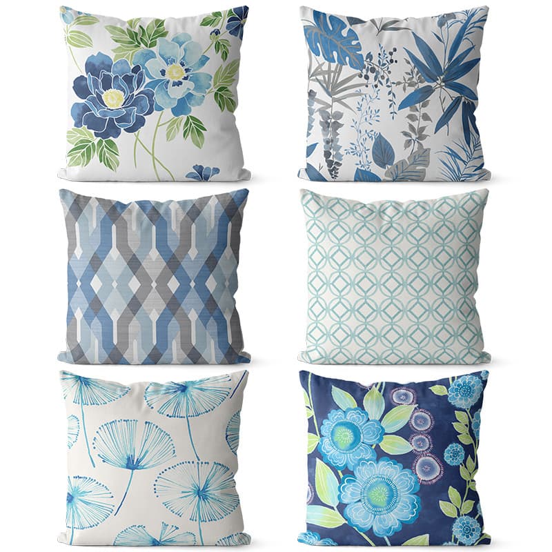 Azul simples flor planta padrão algodão linho dupla face travesseiro sofá decoração almofada lombar fronha cabeceira gra