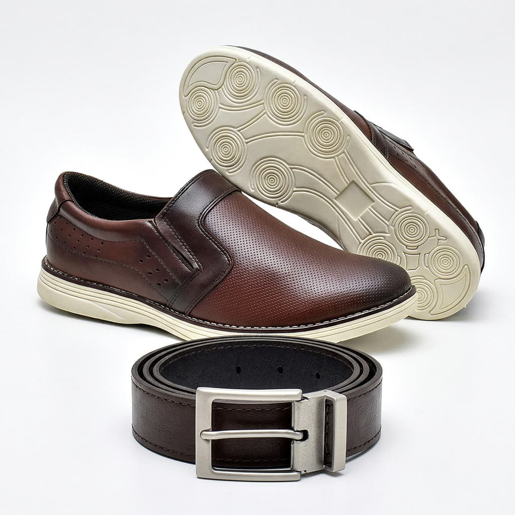 Kit Sapato Masculino Marrom Slip On +Cinto Dupla Face