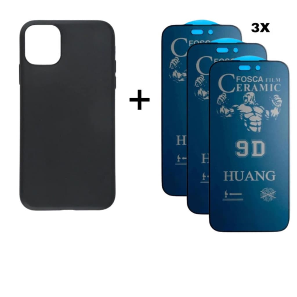 Kit 4em1 Case Preta + 3X Película Cerâmica Fosca Privacidade Para iPhone 11 12 13 14 15 16 Pro Max