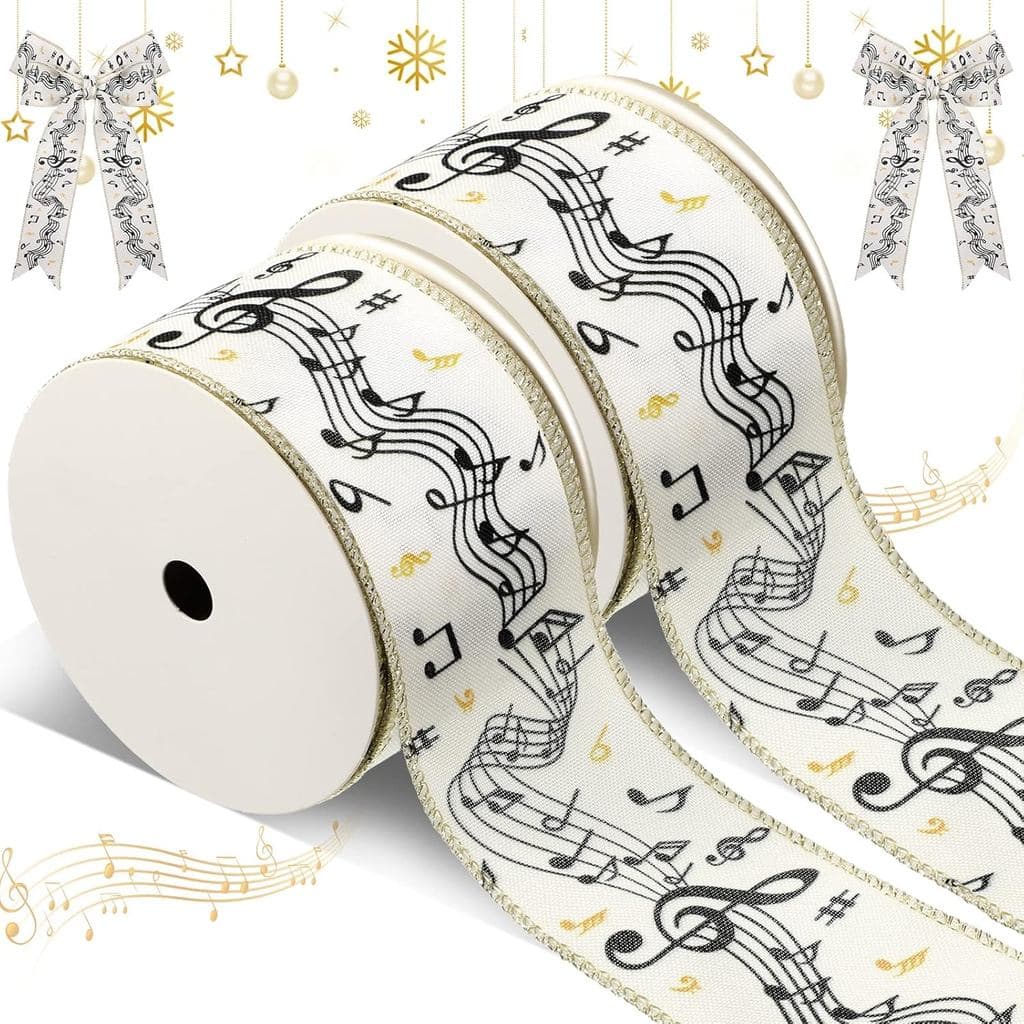 2 Rolos de Fita de Natal com Arame de 20 Jardas, Fita Larga com Notas Musicais, Tema Natalino, Fita de Poliéster com Ara