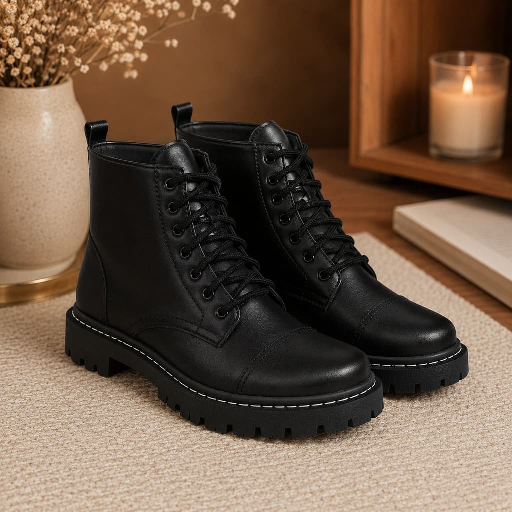 Bota Coturno Feminino Tratorado Cano Curto Sola Baixa Confortável Casual Moderna Estilo Blogueira