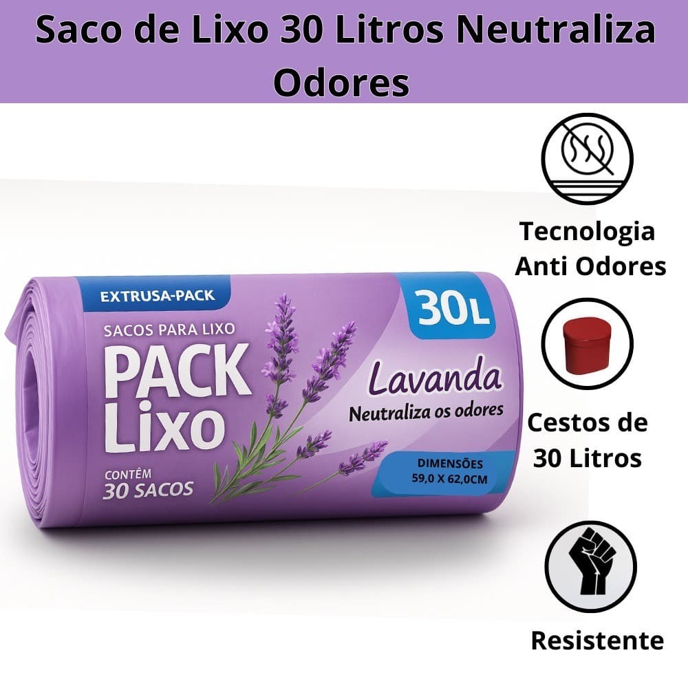 Saco de Lixo Perfumado 30 Litros Lavanda Multiuso Pack Lixo Neutraliza Odores