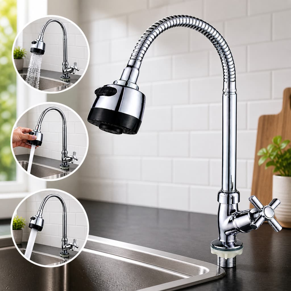 Torneira Gourmet Cozinha Flexível 2 Jatos Bancada Metal Silicone Luxo Pia Cone Cromada C-40 Articulada 360 Graus Premium