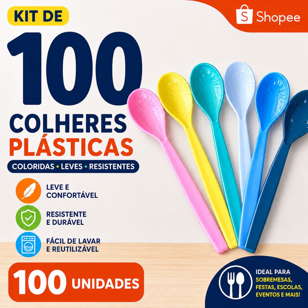 Kit 100 Colher de Plástico Reutilizável Resistente Festa Sobremesa Merenda Escola Creche Infantil