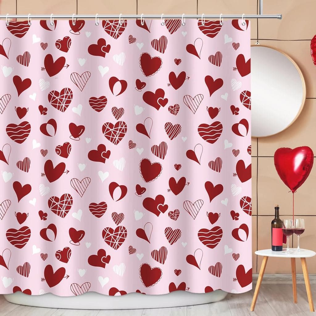 Cortina de Chuveiro para Banheiro com Tema de Dia dos Namorados, Cortina de Chuveiro Romântica com Corações Rosa, Decora