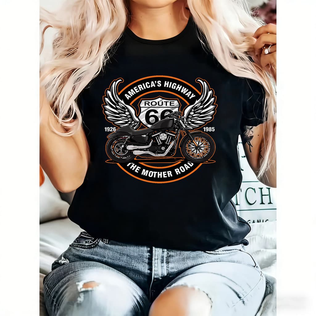 Camiseta Feminina Estampa Motocicleta Route 66 Americana Moderna Estilosa Retrô.