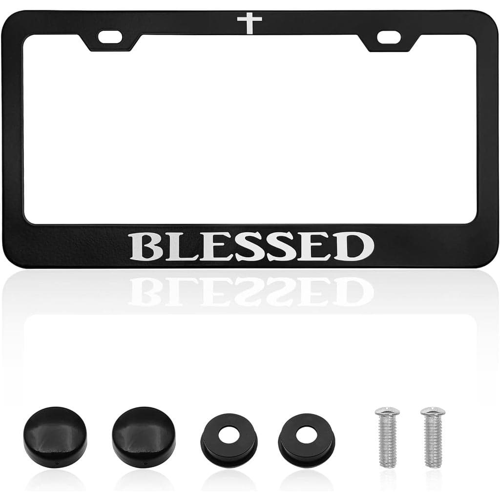 Funny Blessed Christian Black License Plate Frame with Humor Texts for Jesus God Auto Car - Heavy Cover Tag Holder Decor