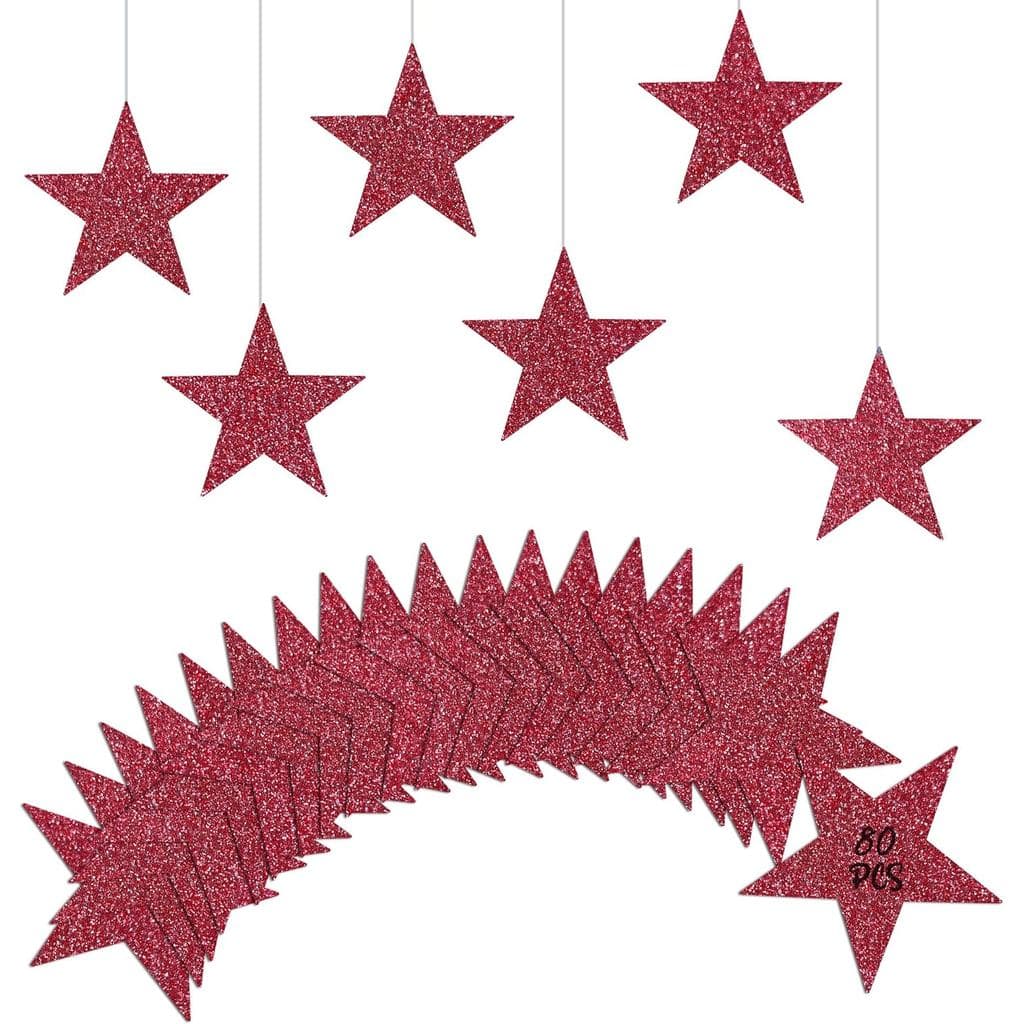 Recortes de Estrelas Vermelhas, 80 Peças de Estrelas de Papelão, Decorações de Estrelas com Glitter, Decorações de