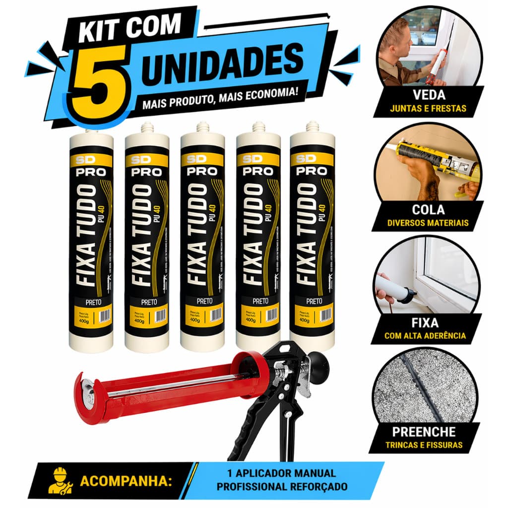 Kit Com 5 Pu40 Multiuso 400g + Pistola Aplicadora Reforçado Reforçada BRANCO CINZA PRETO