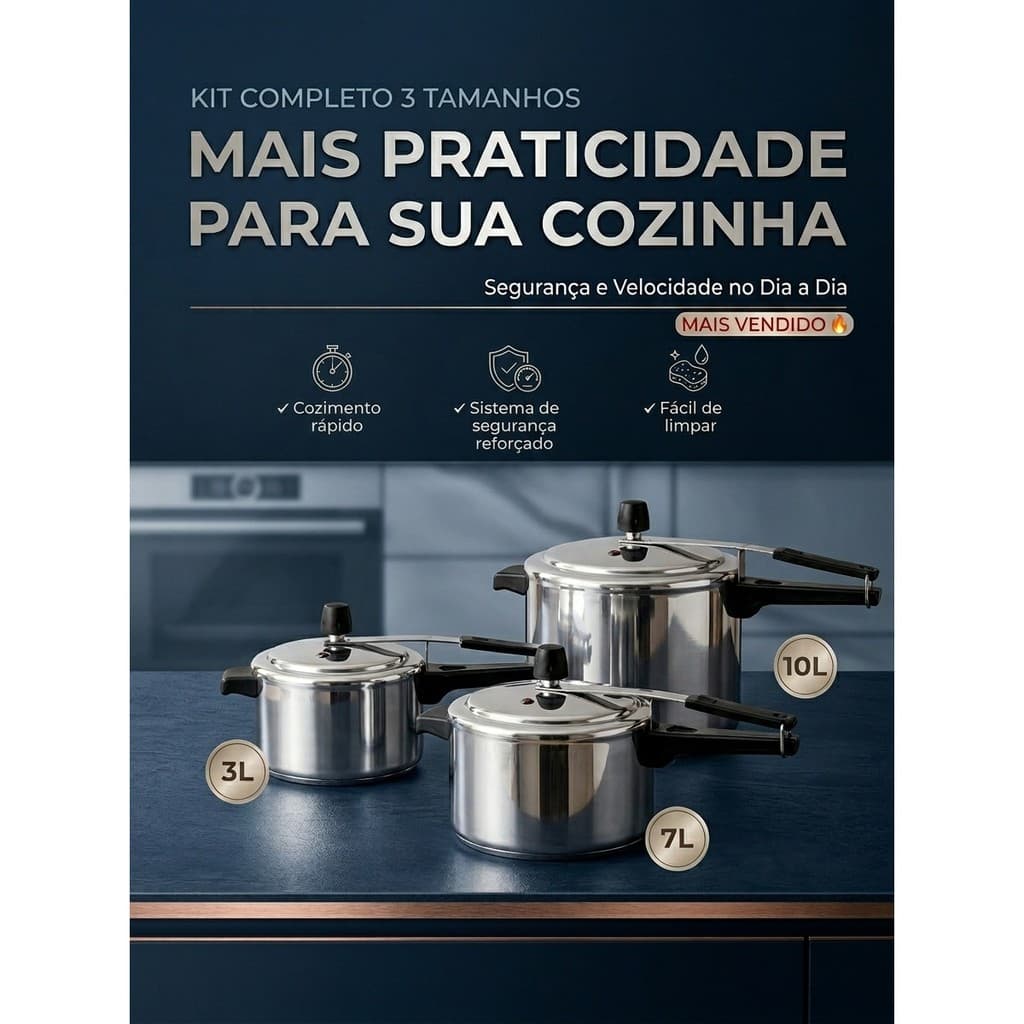 Kit 3 Panelas de Pressão Alusol Polida 3L 7L 10L Original Inmetro | Alta Durabilidade + Envio Rápido