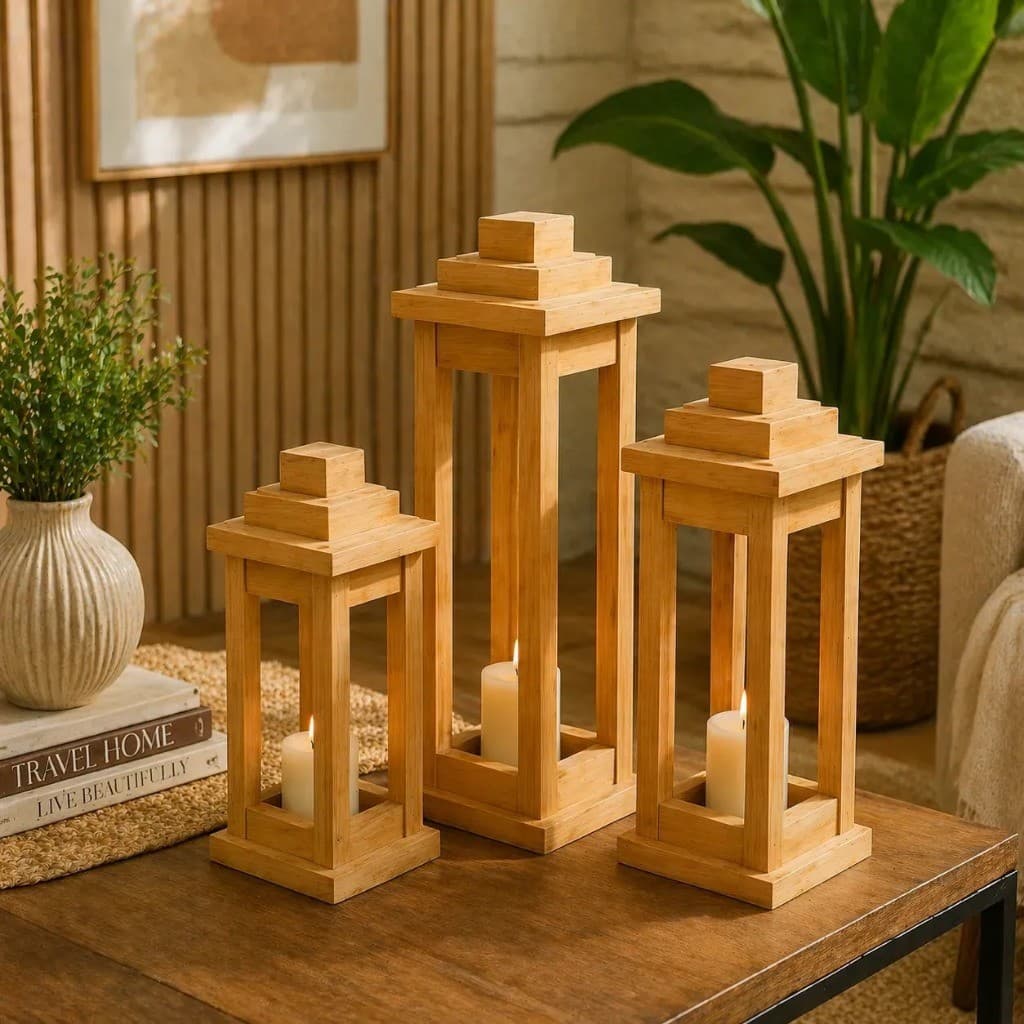 Luminária em Pinus Rústico para Velas – Trio Completo ou Unidades Separadas