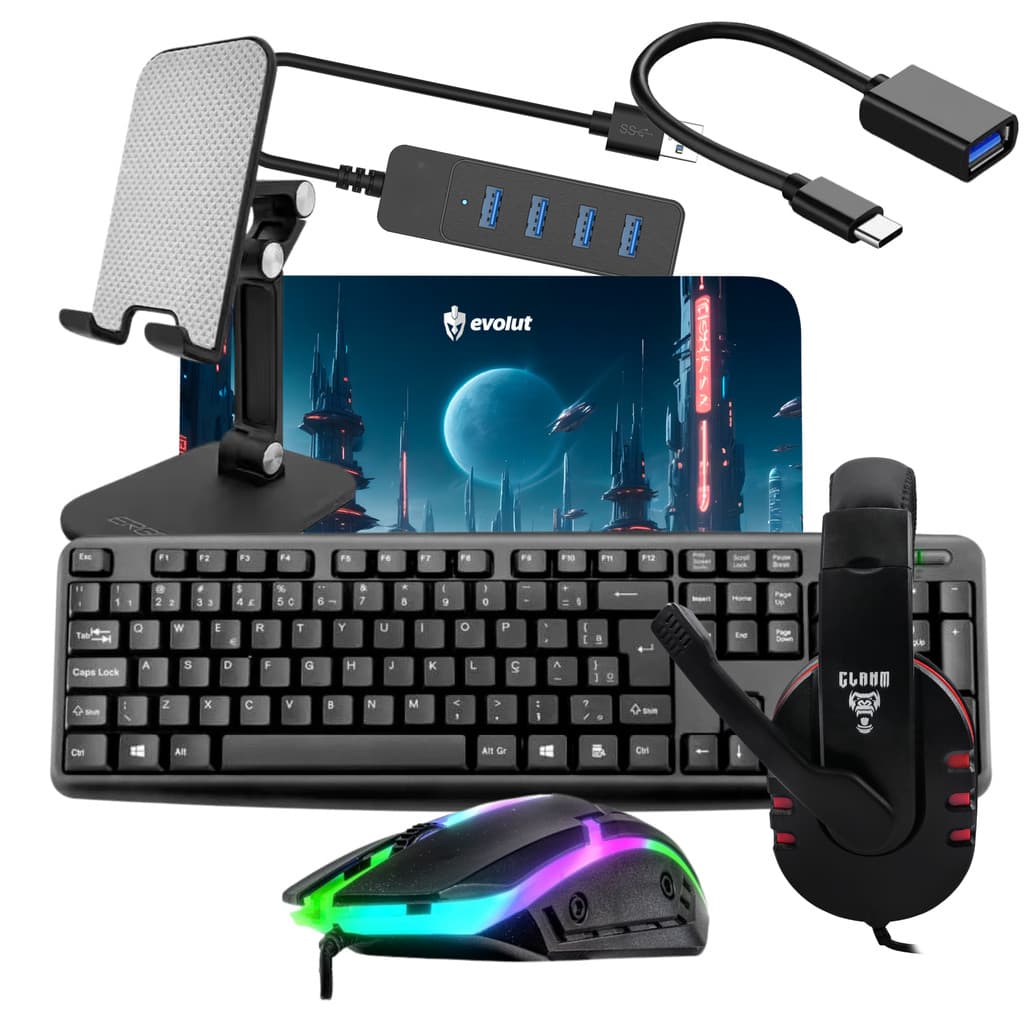 Kit Mobilador Gamer Completo RGB com Headset, Teclado, Mouse Hub USB e Suporte para Celular Ideal para Setup Mobile e PC