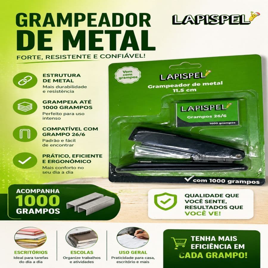Grampeador Metal Preto 11,5cm Lapispel c/ 1000 Grampos