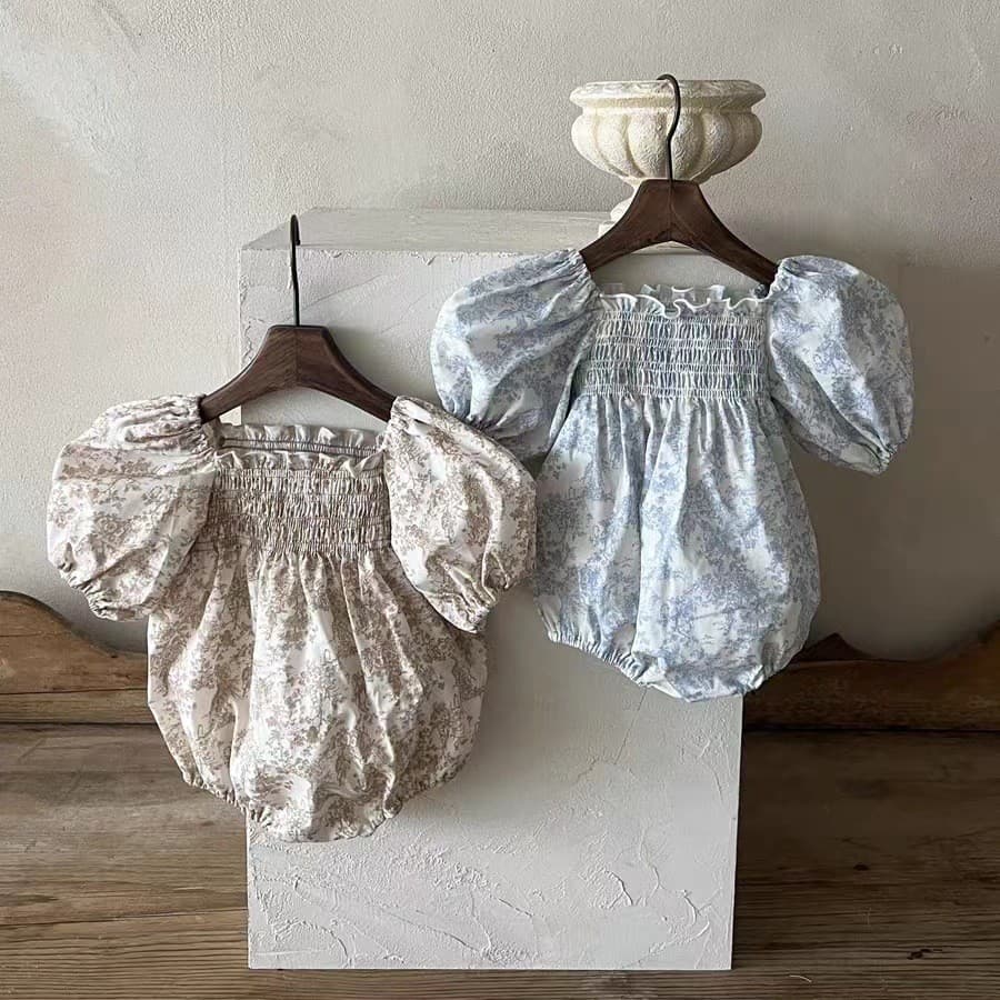 Verão infantil roupas finas Floral Puff manga curta macacão meia manga macacão menina bebê macacão