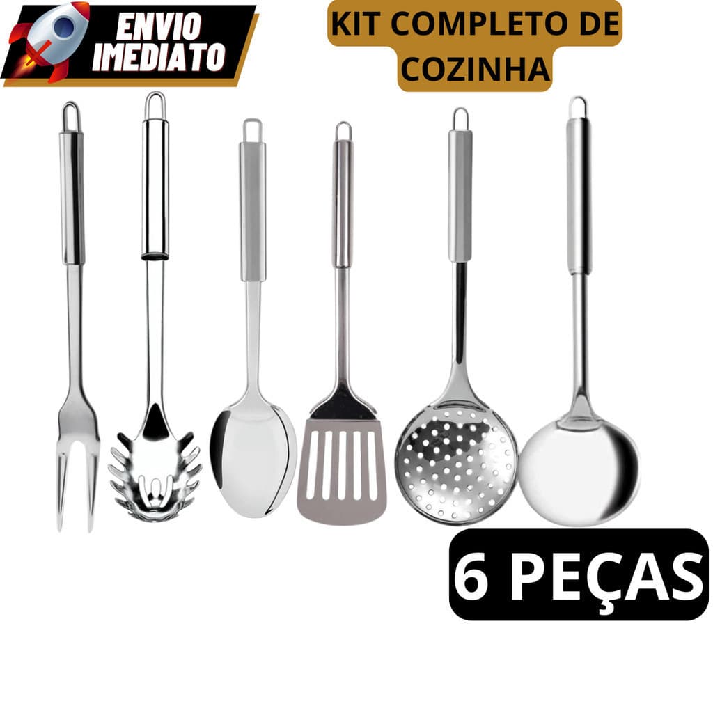 Kit 6 Utensílios de Cozinha em Aço Inox Escumadeira Concha Colher Arroz Pegador Massa Garfo Trinchan