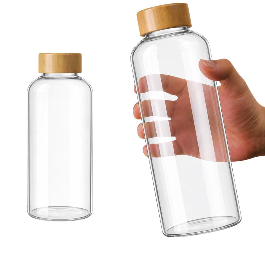 Garrafa Squeeze De Vidro Água Chá Suco 1 Litro Tampa Bambu