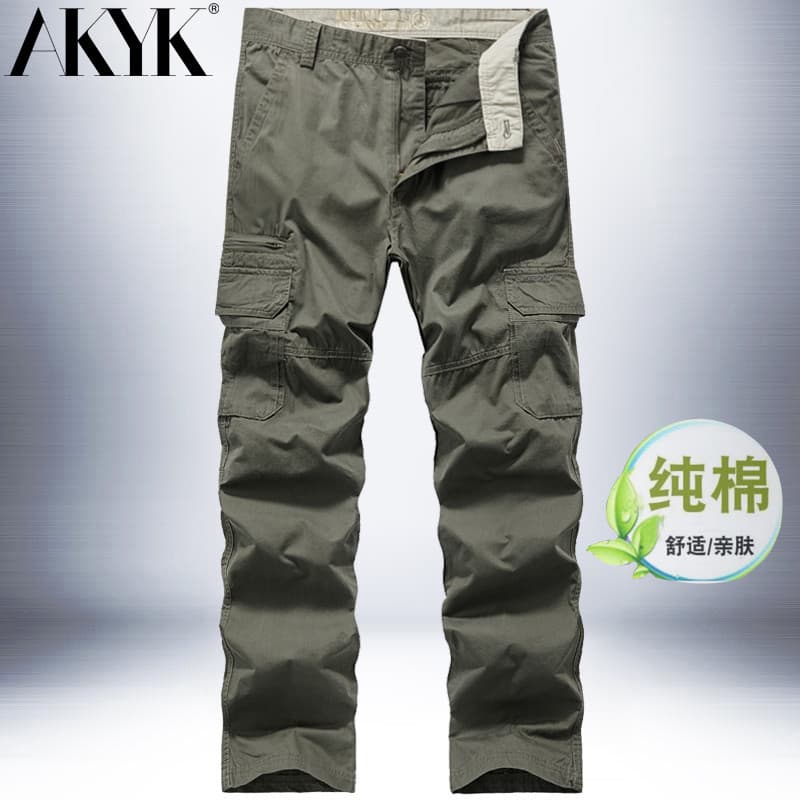Macacão de verão masculino solto calças retas calças de algodão fino tamanho grande militar Multi-bolso pai calças casua