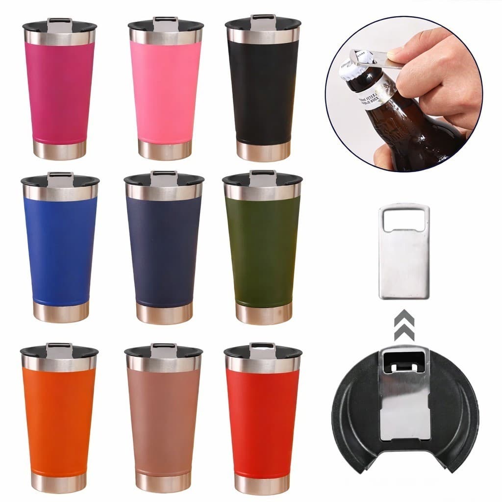 Copo Térmico Inox 473ml com Tampa e Abridor de Garrafas Isolado Mantém Bebidas Geladas e Quentes
