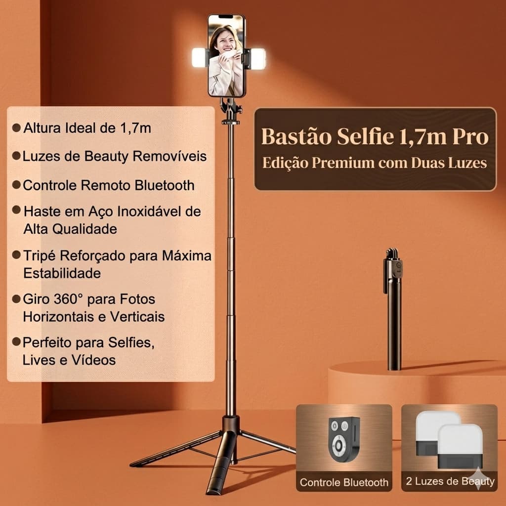 Tripé para Celular 1.7m Selfie Stick com Dupla Luz LED Controle Bluetooth Profissional para Live TikTok Instagram Vlog