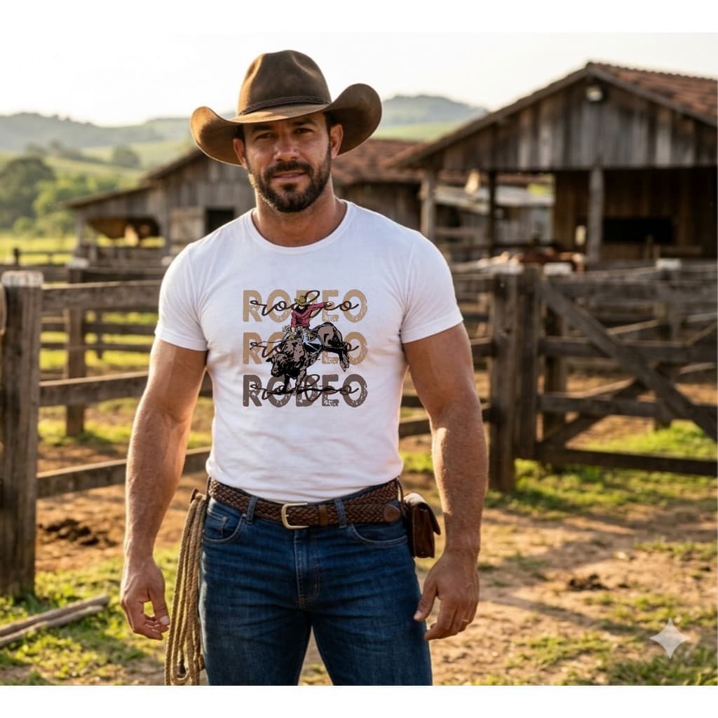 Camiseta Masculina Rodeo Estampa Cowboy Montaria Manga Curta Algodão
