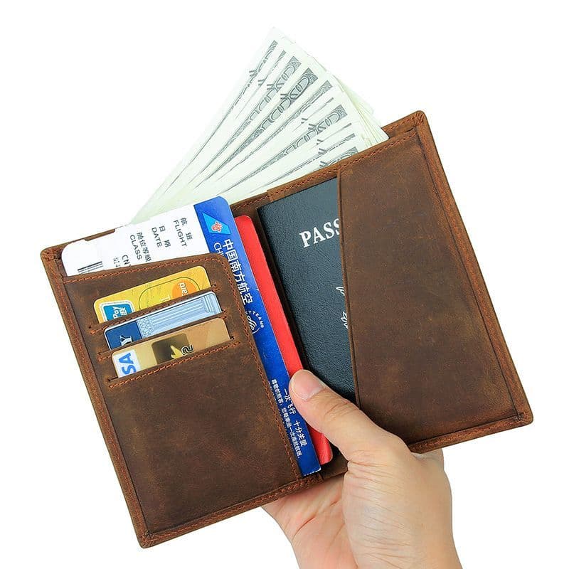 Bolsa de passaporte artesanal de couro de cavalo louco, couro genuíno, retrô, porta-passaporte, simples, multifuncional,