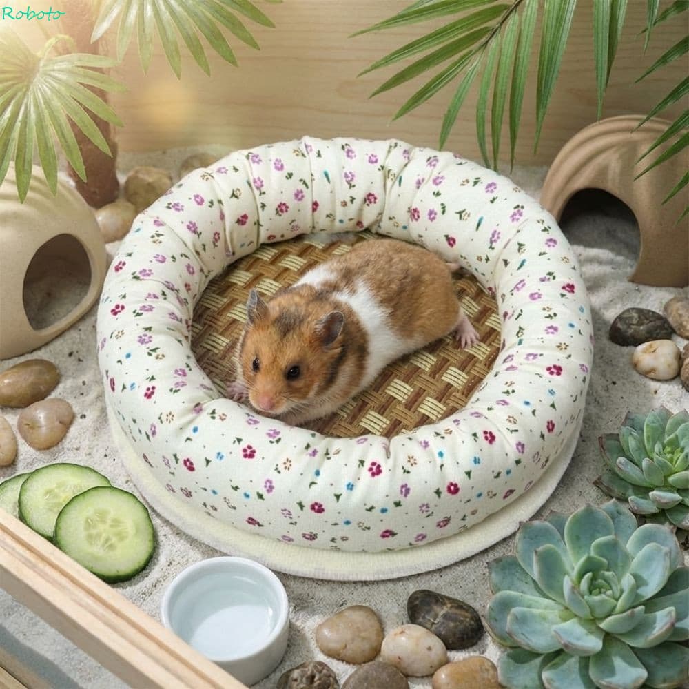 Cama De Resfriamento De Hamster DARNELL , Almofada Redonda De Verão Com Padrão Floral , Ninho Legal De Urso Dourado Para