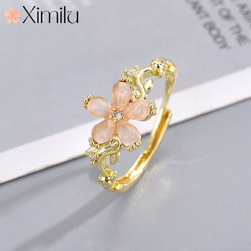 ⭐ Simples Retro bonito flor de pêssego banhado a ouro anel feminino rosa cristal moda All-Match jóias