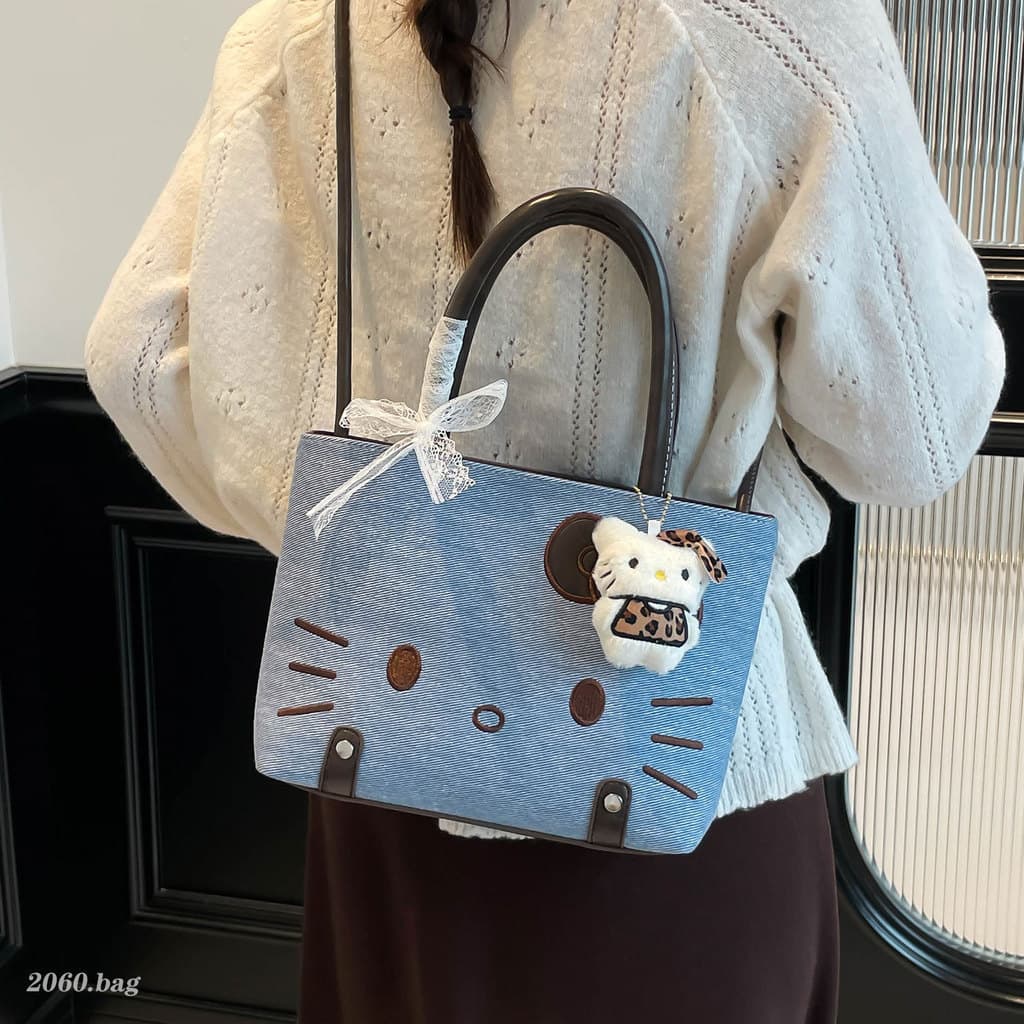 Moda gatinho Denim balde saco feminino Commuter bonito 2025 All-Match outono inverno novo estilo feminino renda Diagonal