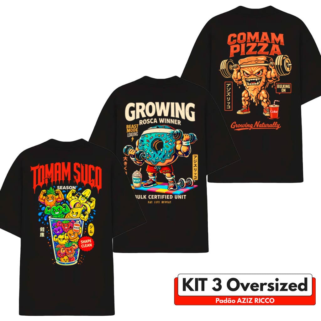 KIT 3 Camisetas Oversized Academia COMBO AZIZ 100% Algodão unisexx