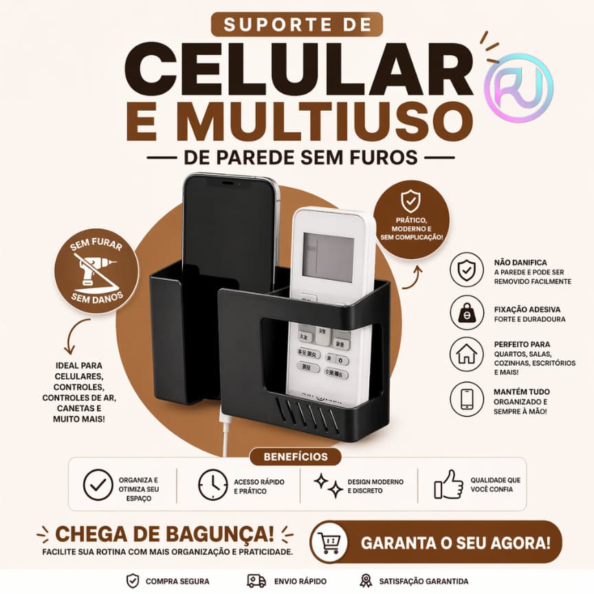 Suporte De Parede Celular E Controle Remoto Autoadesivo 2 Em 1 Multiuso - Kit 1 Ou 2 Peças