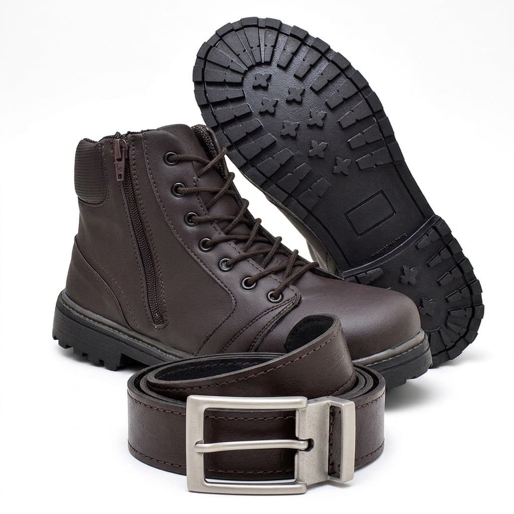Kit Bota Masculina Trabalho Campo Zíper Cinto Reversível