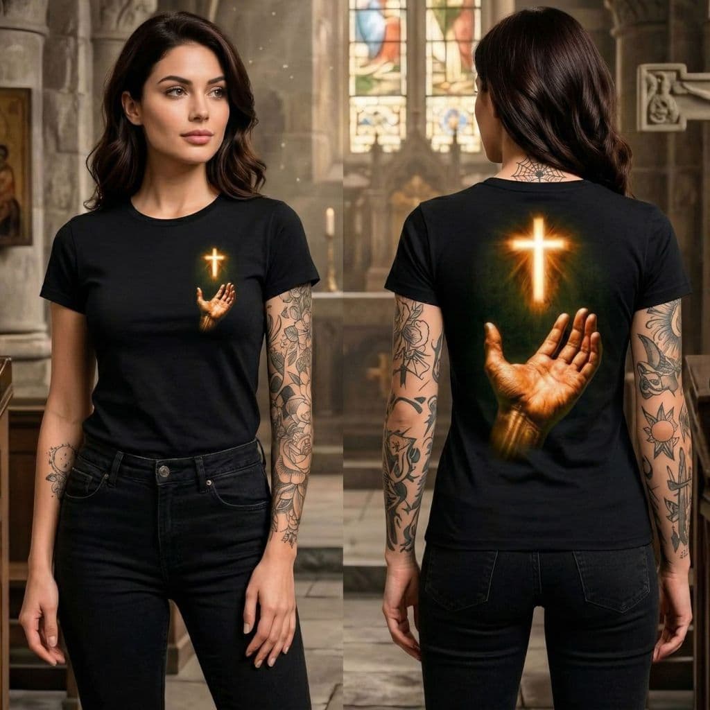 Camiseta baby look   Cruz Iluminada Mão Sagrada Feminina  Blusa em 100% Algodão