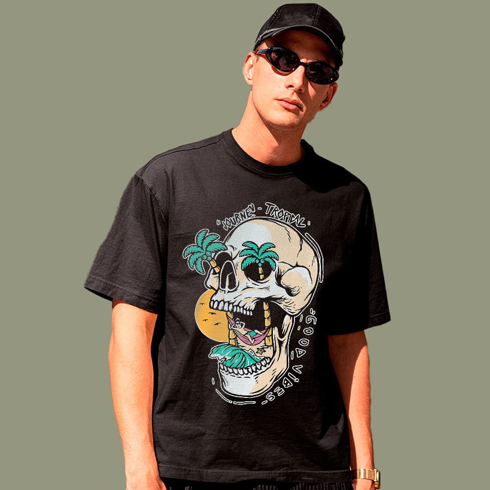 Camiseta Básica Tropical Skull Moda Praia Estilosa 100% Algodão