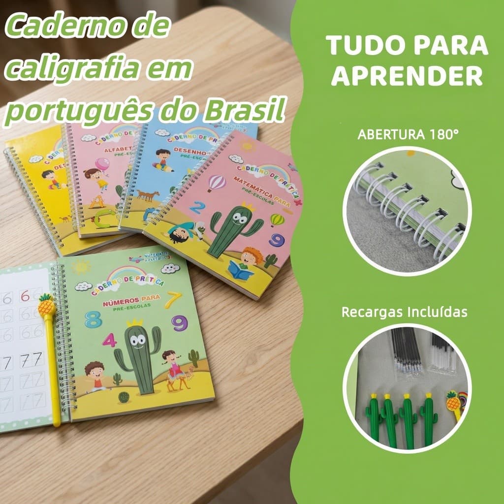 Kit com 4 Cadernos de Caligrafia Infantil Reutilizáveis com Caneta que Desaparece | Aprenda Brincando e Escrevendo
